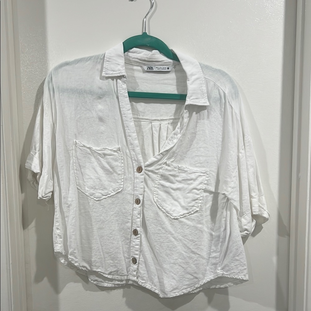 Zara White Boxy Crop Button Down Shirt linen blend